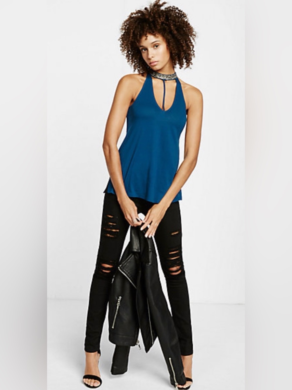Express Teal Blue Halter Camisole with Embellished Neck